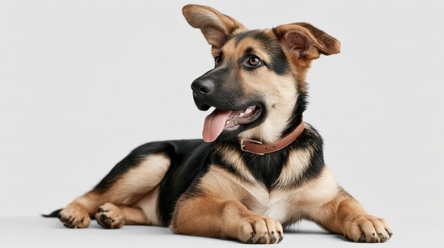 Happy shepherd type dog lying down and looking left against a light studio background