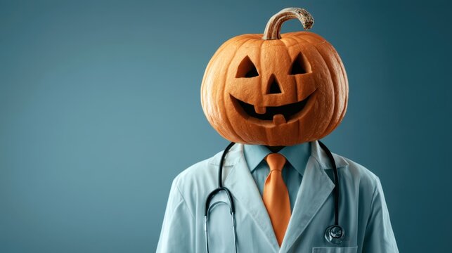 Surreal Halloween doctor with a carved pumpkin head and stethoscope on a blue background