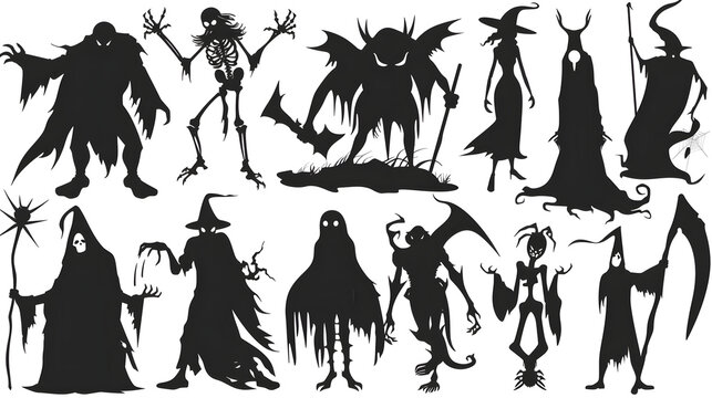 Halloween themed black silhouette characters in spooky and eerie poses on plain background with various halloween inspired against white background inspired stances attire