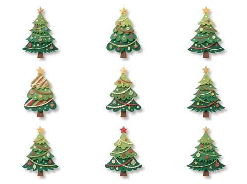Decorative Christmas Tree Collection for Holiday Celebrations and Festive Designs. For Christmas greeting cards, holiday promotional banners, gift wrapping paper designs, party invitations, social