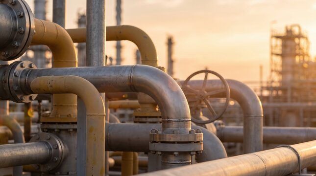 Industrial Plant Pipelines and Valves at Sunset