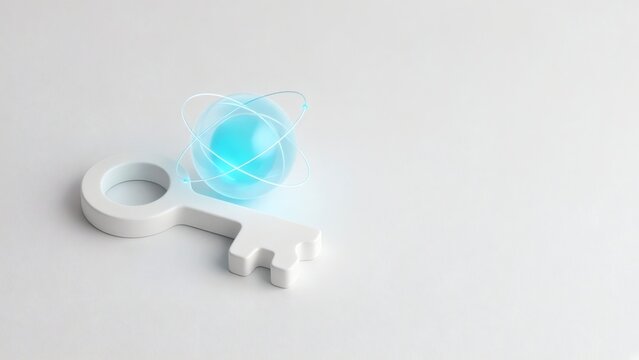 Post quantum cryptography minimal concept, white key with glowing qubit sphere on light grey background with copy space
