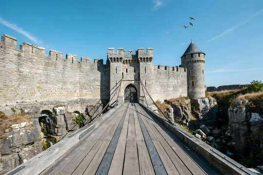 Medieval stone castle with fortified walls and a drawbridge crossing river