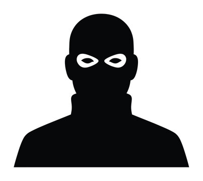 Minimalist black silhouette icon of a person wearing a balaclava mask, representing security, mystery, crime, or anonymous digital identity