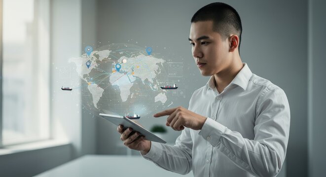Focused professional using digital tablet with global network visualization in modern office