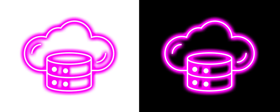 Cloud data storage server database glowing neon sign isolated on transparent background for cloud computing information technology.