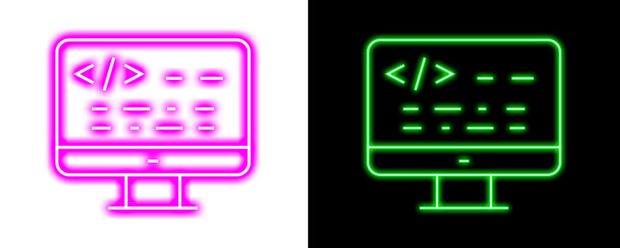Computer monitor screen neon icon with code snippet elements in pink and green for software development and programming interface.