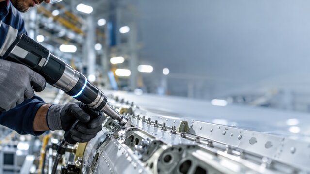 Technician fastens aircraft fuselage during aerospace assembly with copy space