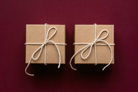 Kraft Gift Boxes with Cotton Cord on Burgundy