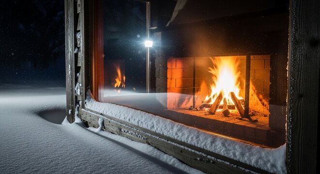 Cozy Outdoor Fireplace and Snow Covered Cabin at Night