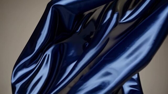 Sculptural navy fabric twists and flows in abstract motion. Lustrous textile creates futuristic style through fluid folds, bright reflections, and deep blue contours on neutral background.