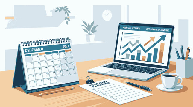 Business workspace with a calendar, laptop showing growth chart, and planning documents, symbolizing year-end review and future strategy.