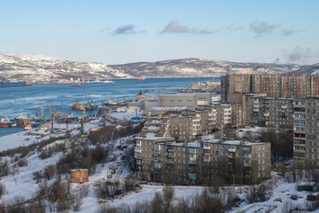 View of multi‑apartment residential buildings and the Kola bay. March in the arctic Murmansk. © sikaraha