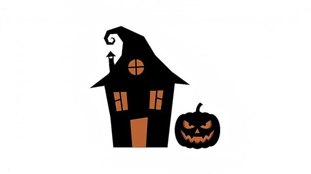 Spooky Halloween Night Silhouette with Haunted House Scary Pumpkin and Bats