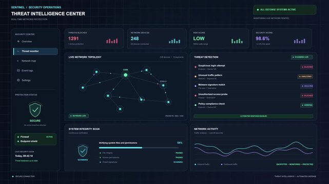 Futuristic Cybersecurity Threat Intelligence Center Digital Dashboard Animation