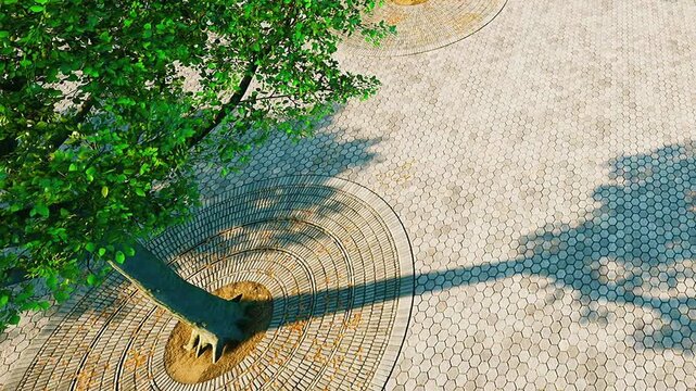 Overhead view of a public courtyard paved with small hexagonal stones featuring a single tree in a circular pattern casting long morning shadows across the ground