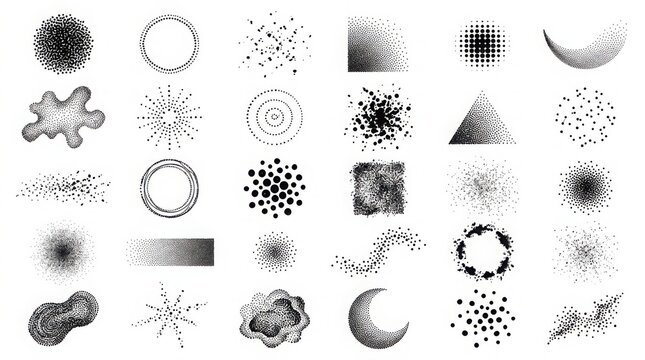 Collection of halftone dot patterns and geometric shapes on a white background