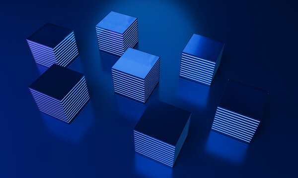 Seven 3D Towers across a Deep Blue Surface