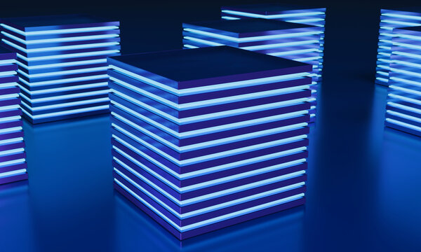 Stacked 3D Glass Plates with Radiant Blue Edges