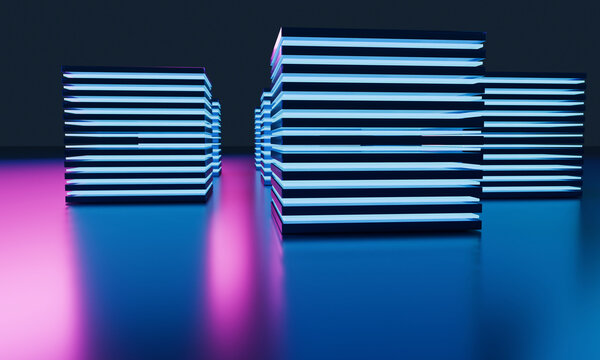 Cyan 3D Glass Stacks over Magenta Reflections