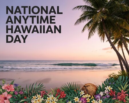 National anytime hawaiian day tropical beach scene with palm trees and colorful flowers at sunset