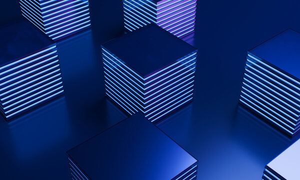 Angular 3D Blocks with Fine Cyan Stripes