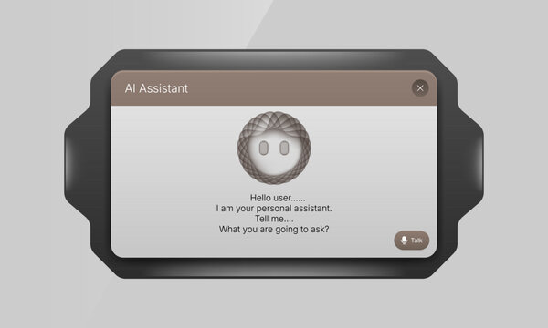 AI assistant popup UI mockup with geometric mesh avatar and talk button