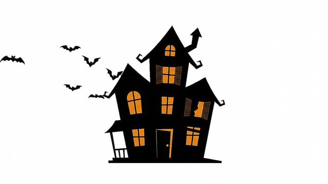Spooky Halloween Night Silhouette with Haunted House Scary Pumpkin and Bats