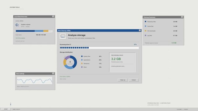 Modern Disk Cleanup and Storage Analysis System Software Interface Animation