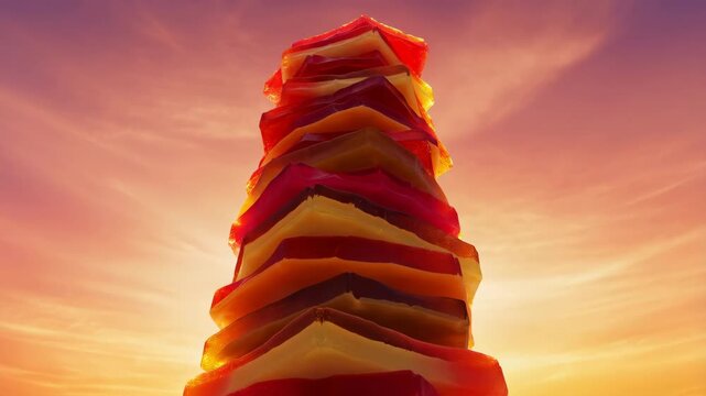 60 FPS Low angle push in on colorful layered gelatin tower glowing in warm sunset sky