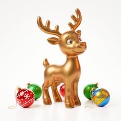 Golden reindeer figurine with antlers and colorful ornament balls on white background, Christmas holiday decoration, 3D render © Julian