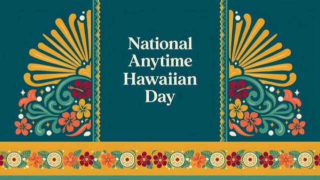 National anytime hawaiian day greeting card design with traditional floral patterns and blue background