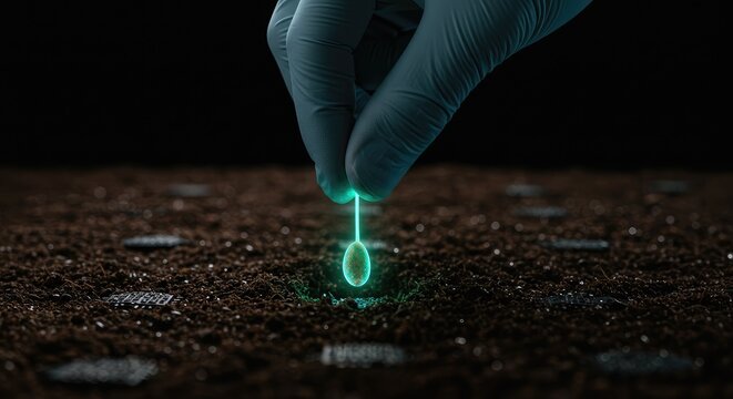 Glowing green fiber optic pen tip writing on dark textured surface under focused lighting