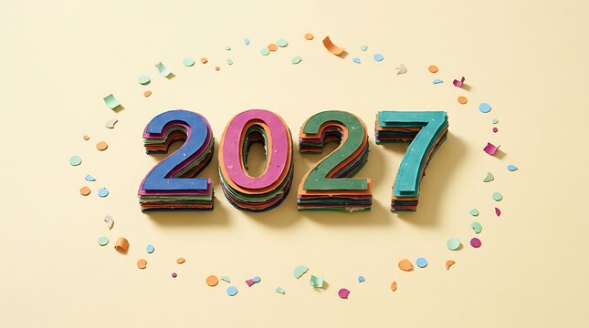 Colorful layered paper numbers 2027 arranged on a light beige background with scattered confetti, creative new year celebration concept