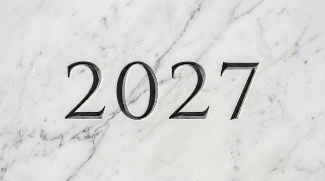 The number 2027 carved into a white marble surface, representing a future year or anniversary date