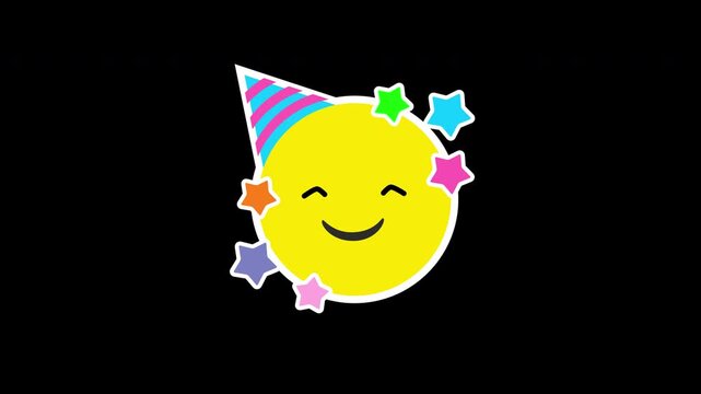 Cheerful Yellow Emoji Wearing a Party Hat Surrounded by Colorful Stars