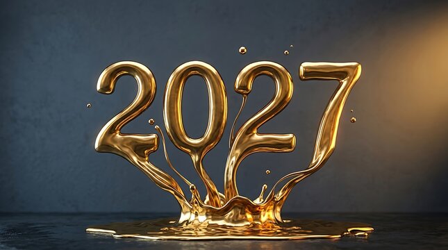 Golden 2027 year numbers made of liquid gold splashing and melting on a dark textured surface, 3d render illustration