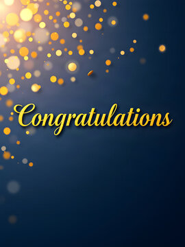 Congratulations luxury banner with gold foil confetti on deep navy blue background