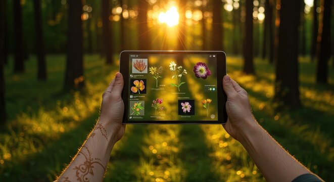 Hands holding smartphone displaying game icons in a serene park at golden hour