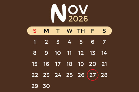 November 27, 2026 calendar in white and cream colors against a brown background