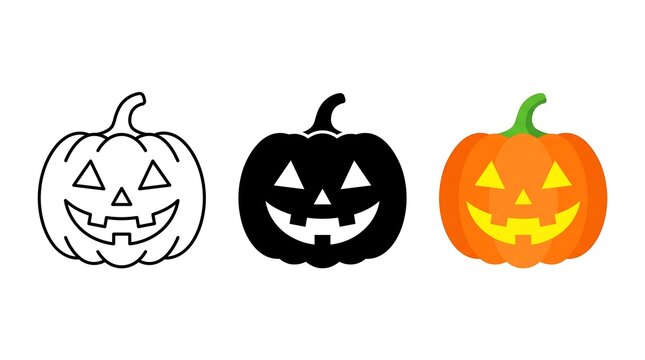 Halloween pumpkin jack o lantern vector icon set featuring outline silhouette and colored flat designs isolated