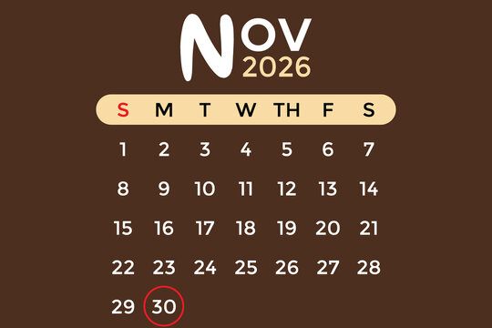 November 30, 2026 calendar in white and cream colors against a brown background