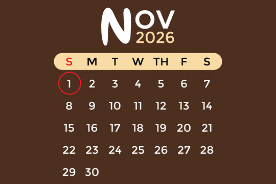 November 1, 2026 calendar in white and cream colors against a brown background