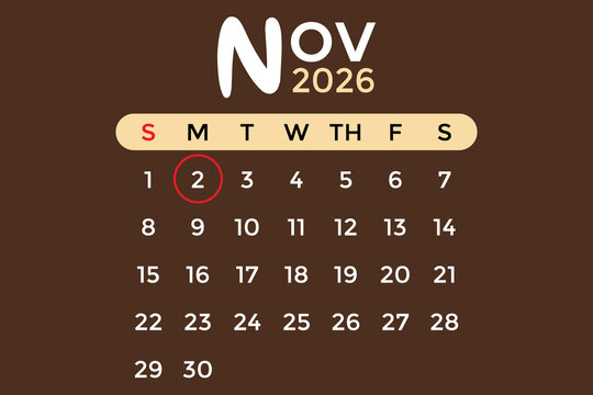 November 2, 2026 calendar in white and cream colors against a brown background