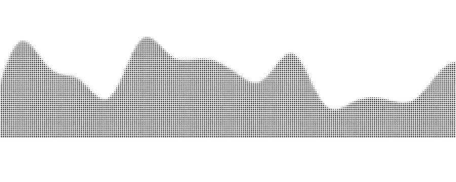 Grain stippled mountain range. Dotted landscape terrain silhouette. Black white grainy hill chain. Grunge noise mountain peak background. Dot work texture wallpaper. Vector scenery illustration