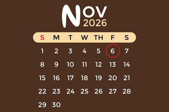 November 6, 2026 calendar in white and cream colors against a brown background