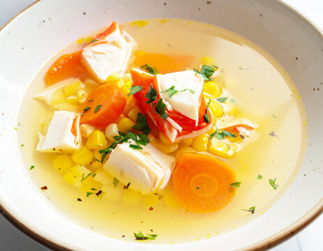 Crab meat soup in broth, corn and carrots, closeup. AI