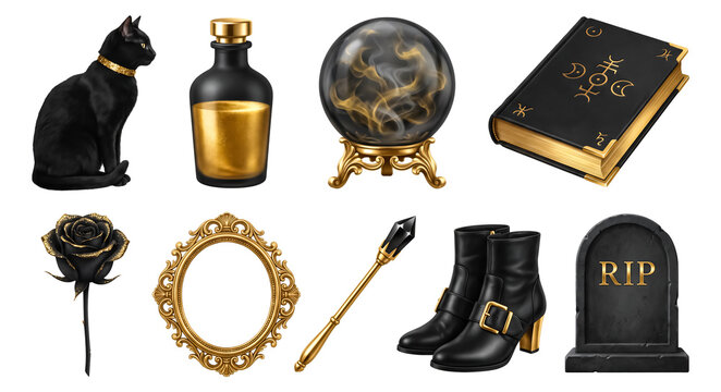 Luxury black and gold Halloween witchcraft objects bundle isolated on transparent background, black cat, golden potion, crystal ball, spellbook, glitter rose, frame, wand, and RIP stone