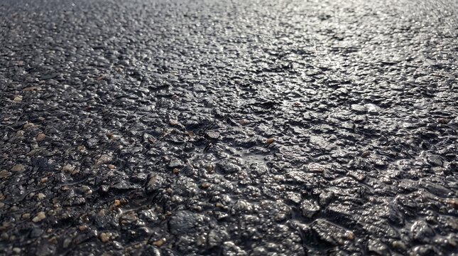 Asphalt texture background, dark rough road surface, wet tarmac pavement detail, industrial construction material