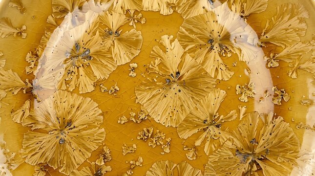 A high magnification microscopic view of crystallized honey showing intricate golden patterns and delicate organic structures formed by natural sugars in a sweet viscous liquid